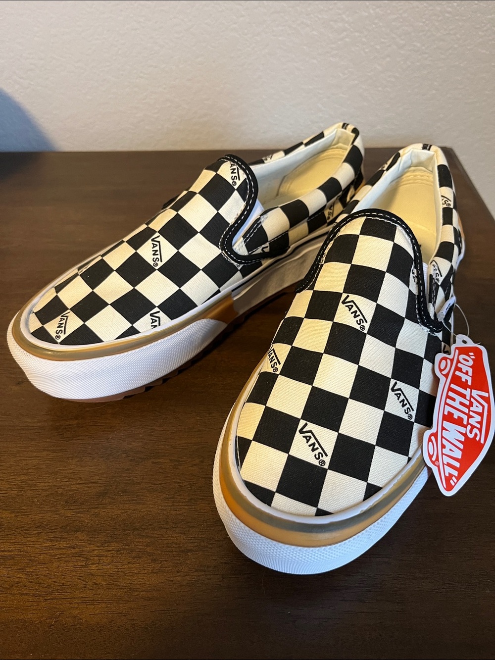 Vans Checkerboard Slip-On Sneakers Black White with Tan Accents